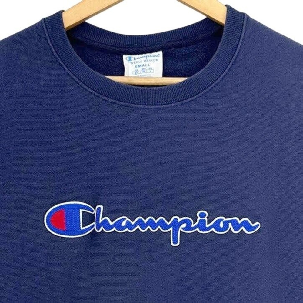 Y2K Champion Reverse Weave Navy Blue Script Logo Sweatshirt Pullover SZ SMALL